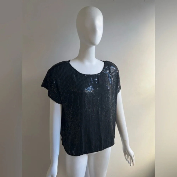 Shimmer New York Sequence Black Padded Shoulders  100% Silk Top M NWT - Picture 1 of 9